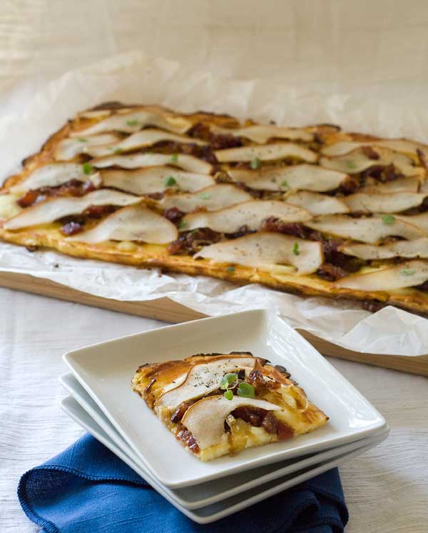 Gluten Free Floueless Pizza with Pears Bacon and Caramelized Onions