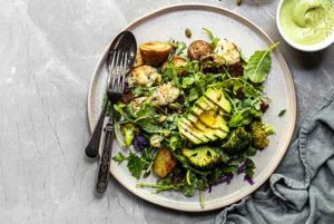 Roasted Vegetable Salad with Avocado Caesar Dressing