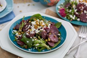 Beet and Feta Salad on a blue plate