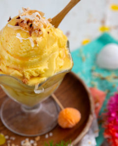 Mango Coconut Ice Cream with shredded toasted coconut on top