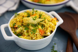 Closeup of Curried Rice Salad in a white bowl