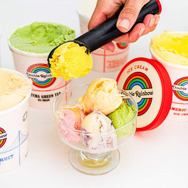 Double Rainbow Ice Cream scoops in a clear bowl with ice cream containers in the background 