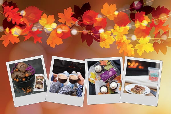 Background with fall colored leaves and four polaroid photos overlaid with different fall treats on each photo