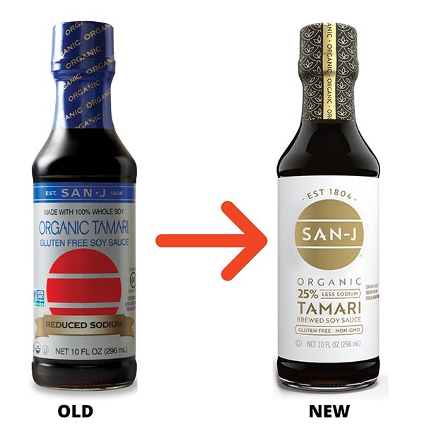 Comparison of old San-J bottle and new San-J bottle of soy sauce